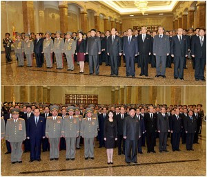 Pak Pong-Ju, far right, along with Kim Jong-Un, his wife Ri-Sol Ju, and Kim Yong-Nam at a Jan. 1 ceremony. Below, Kim and Ri at a Dec. 17 ceremony.