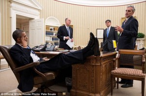 President Obama with advisers Tom Donilon, Jack Lew and Denis McDonough in November 2012.