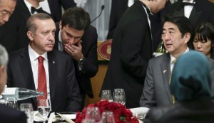 Turkey's Prime Minister Recep Tayyip Erdogan (L) talks with Japan's Prime Minister Shinzo Abe during a banquet hosted by Abe at the state guest house in Tokyo on Jan. 7. /Reuters/Kimimasa Mayama Read more: http://www.al-monitor.com/pulse/originals/2014/01/turkey-2014-politics-economy-forecast-uncertain.html#ixzz2qO4U3Ovg