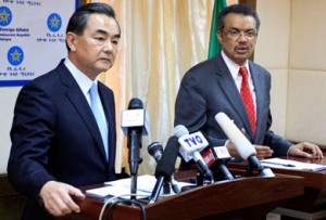Chinese Foreign Minister Wang Yi and his Ethiopian counterpart Tedros Adhanom in the Ethiopian capital Addis Ababa on Jan 6. /Reuters/Tiksa Negeri