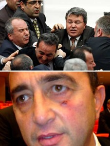 Bulent , below, is shown after taking a punch, above, during his parliamentary speech.