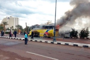 A tourist bus is engulfed in flames after being attacked by Al Qaida militants in the Sinai Peninsula on Feb. 16.  /Reuters