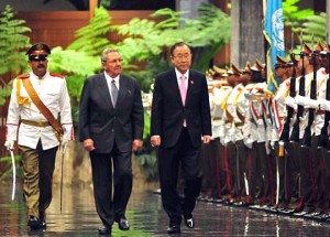 UN Secretary General Ban Ki-Moon, right, with Cuba’s Raul Castro in Havana.