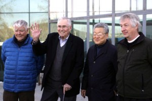 Pacific Century Institute Chairman Donald Gregg, second left, at Pyongyang Airport on Feb. 10.