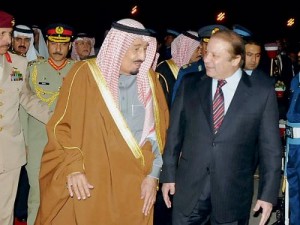 Crown Prince Salman Bin Abdul Aziz, Deputy Premier and Minister of Defense, being received by Pakistan Prime Minister Nawaz Sharif at Nur Khan Airbase in Islamabad on Feb. 15.  /SPA