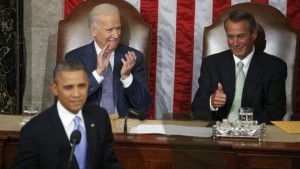 Speaker John Boehner and President Obama at this year's State of the Union Address. / AP