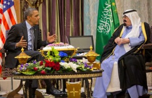President Barack Obama meets with Saudi King Abdullah at Rawdat Khuraim, Saudi Arabia on March 28.  /AP