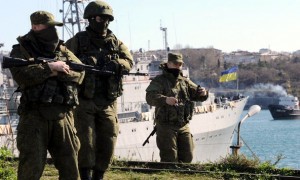 Russian troops near the Ukrainian navy ship Slavutich in Sevastopol on March 5.  /Getty