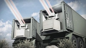 An artist's impression of the Iron Beam's twin HEL units engaging an inbound projectile.  /Rafael Advanced Defense Systems