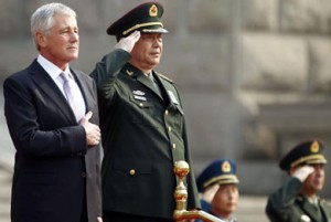 Chinese Defense Minister Gen. Chang Wanquan and U.S. Defense Secretary Chuck Hagel in Beijing on April 7. /chinanews.com