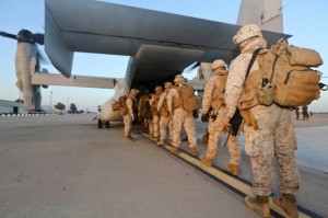 U.S. Marines from Special-Purpose Marine Air-Ground Task Force Crisis Response board an MV-22B Osprey at Moron Air Base, Spain, May 13, 2014. The Marines were headed for Naval Air Station Sigonella, Italy, in response to security concerns in northern Africa.  /U.S. Marine Corps/Alexander Hill