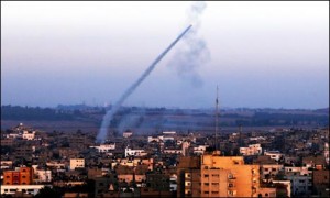 A Hamas rocket is fired from the Gaza Strip at Israel.