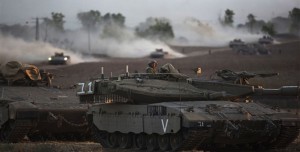 Israeli tanks at the Gaza border.