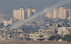 A Hamas rocket is fired from the Gaza Strip.  /AP