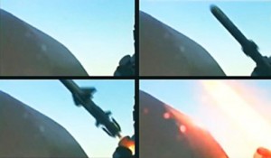 A video screenshot shows the launch of a new North Korean cruise missile.  /Screenshot via KCTV