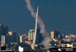 A rocket fired from the Gaza Strip toward Israel.