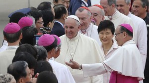 Pope Francis with South Korean President Park Geun-hye, second from right, at Seoul Air Base in Seongnam, South Korea.  /AP/Ahn Young-joon