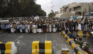 Shi'ite Houthi protesters block a main road leading to the airport during a protest in Sana'a, Yemen on Sept. 7.   /AP/Hani Mohammed