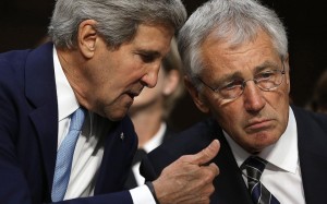 U.S. Secretary of State John Kerry, left, and Defense Secretary Chuck Hagel.  /Mark Wilson/Getty Images