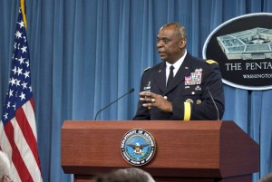 U.S. Central Command commander Gen. Lloyd J. Austin III at a media briefing at the Pentagon on Oct. 17. / Adrian Cadiz / Defense Department