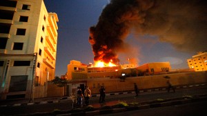 Flames engulf the French Cultural Center in Gaza City on Oct. 7.