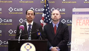 CAIR's Nihad Awad, left, and Corey Saylor at a press conference.