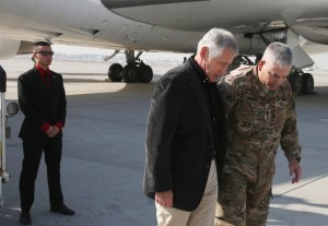U.S. Secretary of Defense Chuck Hagel with Gen. John F. Campbell, right, on Dec. 6, in Kabul, Afghanistan. / Mark Wilson / AP