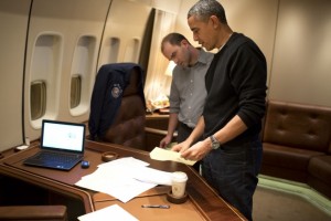 President Barack Obama and Ben Rhodes on board Air Force One. /Pete Souza/White House