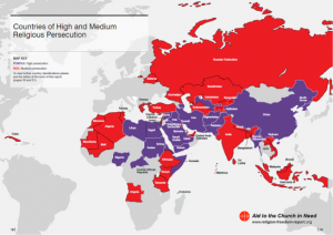 Purple indicates high religious persecution and red, medium religious persecution in a 2014 report on religious freedom.