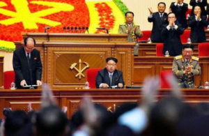 North Korea's Kim Jong-Un addresses the first congress of the country's ruling Workers' Party in 36 years, on May 9. / Kyodo via Retuers