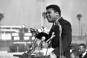 Ali speaks to a crowd of 1,500 students in Los Angeles in February, 1968. He spent much of his time banned from boxing speaking against the war at public events across the nation.