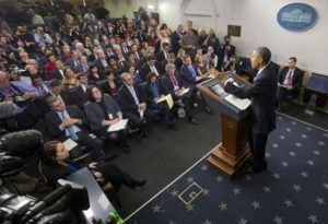 President Barack Obama addresses the White House press corps. /AP