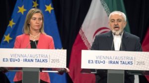 European Union for Foreign Affairs and Security Policy Federica Mogherini, left, and Iranian Foreign Minister Mohammad Javad Zarif attend a final press conference of Iran nuclear talks in Vienna, Austria on July 14, 2015. /Joe Klamar/AFP