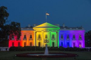 The North Portico of the White House is illuminated with rainbow colors. /EPA