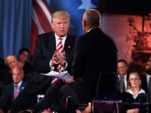 Donald Trump speaks with Matt Lauer at the NBC Commander-In-Chief Forum. / Evan Vucci / AP