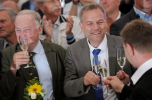 Leif-Erik Holm (centre) and Alexander Gauland (left) of the anti-immigration party Alternative for Germany (AfD) after exit polls in the Mecklenburg-Vorpommern state election on Sept. 4. /Reuters