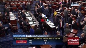 This frame grab from video provided by C-SPAN2, shows the floor of the Senate on Capitol Hill in Washington, Wednesday, Sept. 28, 2016, as the Senate acted decisively to override President Barack Obama's veto of Sept. 11 legislation, setting the stage for the contentious bill to become law despite flaws that Obama and top Pentagon officials warn could put U.S. troops and interests at risk. /C-SPAN2 via AP)