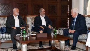 Palestinian President Mahmoud Abbas Hamas political chief Khaled Meshal and his deputy Ismail Haniyeh in Qatar capital Doha, Oct. 27. /WAFA news agency