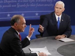 Mike Pence, right, and Tim Kaine at the Oct. 4 vice presidential debate.