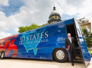 Franklin Graham steps off his tour bus in Springfield, Illinois, on June 14 as part of his Decision America Tour, which will make a stop in Juneau on Friday. Courtesy of the Billy Graham Evangelistic Association