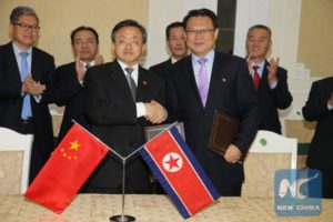 Chinese Vice Foreign Minister Liu Zhenmin, left front, and Pak Myong-Guk, North Korea’s vice foreign minister in Pyongyang on Oct. 25. Guo Yina / Xinhua